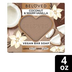 the soap bar is made from coconut and has a heart shape on it, surrounded by flowers