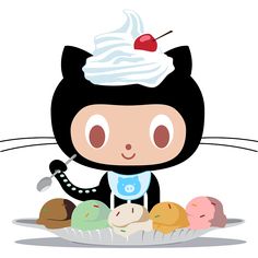 a cartoon cat with an ice cream cone on its head and some cupcakes in front of it