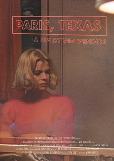 a movie poster for paris, texas featuring a woman in pink sitting at a table