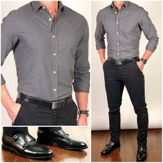 grey shirt with black leather double monk strap for him 2019