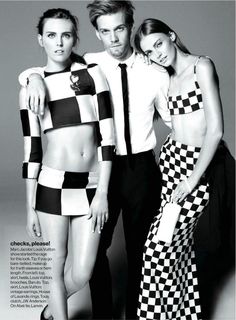 three people in swimsuits are posing for a magazine cover with one man wearing a tie