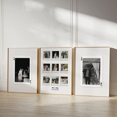 three white frames with pictures on them sitting next to each other in front of a wall