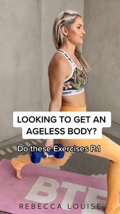 a woman doing exercises on a yoga mat with the words looking to get an ageless body? do these exercises p1