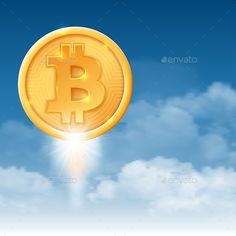 a golden bit coin flying through the air with clouds in the background - stock photo - images