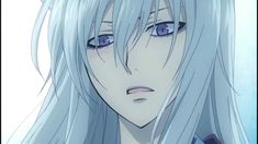 an anime character with long white hair and blue eyes looks at the camera while staring into the distance