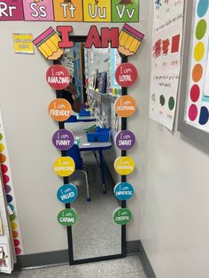 this is an image of a classroom door decorated with colorful magnets and stickers
