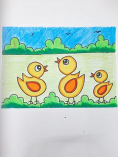 a drawing of three little yellow birds in the grass