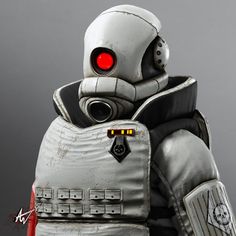 a robot with red eyes standing in front of a gray background