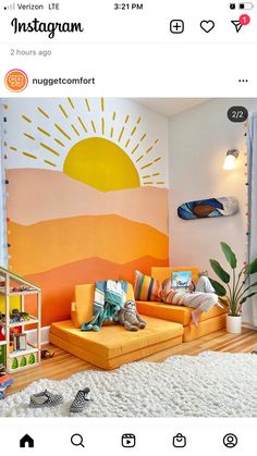 the instagram page on instagram shows an orange couch in front of a colorful wall