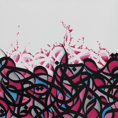 an abstract painting with black, pink and blue shapes