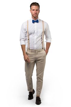 a man wearing suspenders and a bow tie