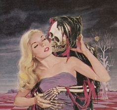 a painting of a woman holding a skeleton in front of her face and looking down at the ground