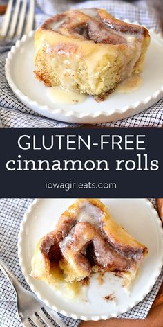 gluten - free cinnamon rolls on white plates with fork and napkin in background