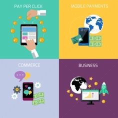 four flat icons with different types of electronic devices and money - miscellaneous objects / business conceptual