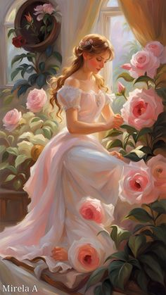 a painting of a woman sitting on a window sill surrounded by pink roses and greenery