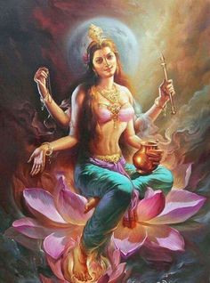 a painting of a woman sitting on top of a lotus flower holding a wand and pot