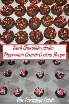 chocolate and peppermint crunch cookies are on a baking sheet with the title overlay