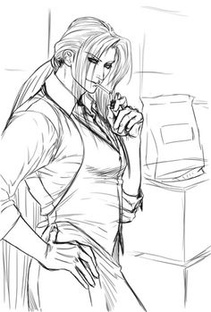 a black and white drawing of a woman talking on a cell phone while standing in front of a desk