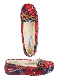This cozy, easy-on slipper has a real leather collar tie with skip-lace construction, a whipstitched toe box, and a memory foam insole covered in plush sherpa lining. It also has an EVA rubber outsole, which means you can pop outside to get the mail without worry. Brushed cotton-blend upper in a festive plaid print Real leather collar tie with skip-lace construction Whipstitched toebox Memory foam insole EVA rubber outsole Upper, cotton/polyester; lining, polyester sherpa fleece Spot clean Impor Plaid, Pop, Slippers, Christmas Sweater Outfits, Plaid Shoes, Moccasins, Tartan Plaid, Leather Collar, Cotton Blend