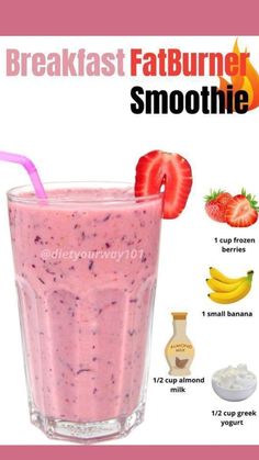 a pink smoothie in a glass with strawberries on the side and ingredients to make it