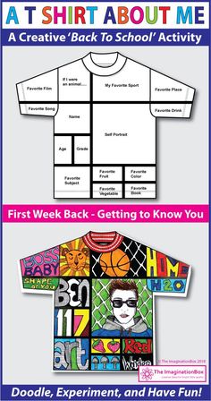 This ‘All About Me T shirt’ art and writing activity is an easy back to school art activity for the classroom. A great lesson plan for 4th, 5th, 6th, 7th grade teachers to use as a fun first week back getting to know you resource, encouraging team building and learning. The finished coloring pages make great displays for bulletin boards and open house. Click the ‘visit’ button to view this detailed teacher resource in full Middle School Art, School Activities, School Counseling, School Classroom, First Day Of School Activities, Back To School Art Activity, Classroom Activities, School Art Activities
