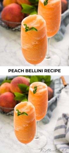 peach bellini recipe in two glasses with basil garnish on the rims