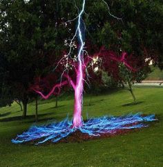 there is a blue and pink lightening on the ground in front of a tree
