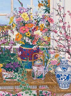 a painting of flowers and vases on a table in front of an open window