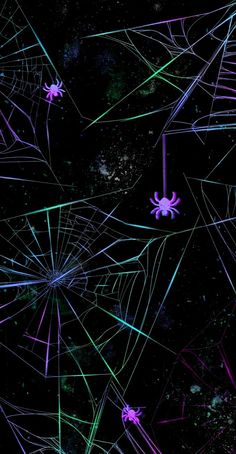 purple and green spider webs against a black background