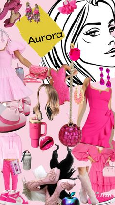 a collage of barbie dolls, shoes and accessories on a pink background with the word aurora above them