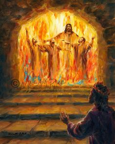 "Title of painting: \"Standing Firm\" depicts Daniel chapter 3 in the Old Testament, where Shadrach, Meshach and Abednego take a stand for their faith and end up surviving the king's blazing furnace.  \"Then Nebuchadnezzar said, \"Praise be to the God of Shadrach, Meshach and Abednego, who has sent his angel and rescued his servants! They trusted in him and defied the king's command and were willing to give up their lives rather than serve or worship any god except their own God.\" (Daniel 3:28) Christ, Art Oil, Surreal Art, Religious Art, Prophetic Art, Original Art, Saatchi Art