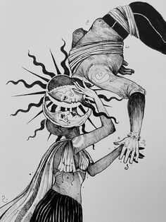 a black and white drawing of a woman carrying a man on her back with an umbrella