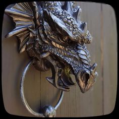 a metal dragon door knocker on a wooden door