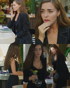 a collage of photos showing different women in black outfits and one woman with long hair