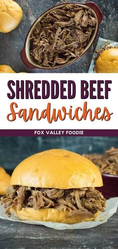 shredded beef sandwiches with text overlay