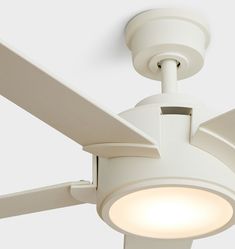 a white ceiling fan with a light on it's side and two blades in the middle