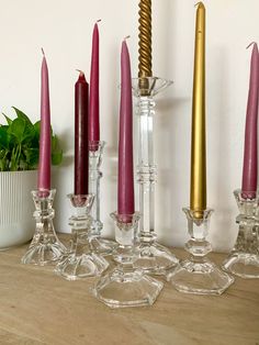 candles are lined up on a table next to a vase with a plant in it