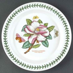 a white plate with pink flowers and butterflies on the rim, decorated with green leaves