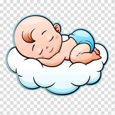 a baby sleeping on top of a cloud with its head resting on it's back