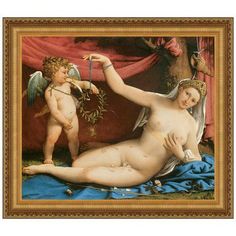a painting of two cherubs on a blue and red cloth with gold frame