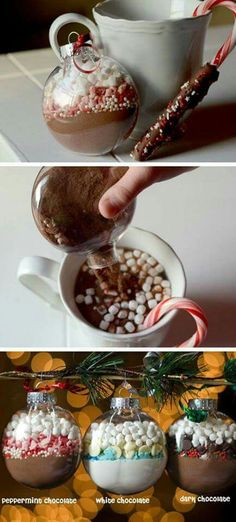 three different shots of hot chocolate, candy canes and marshmallows in mugs