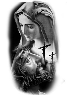 a black and white drawing of the virgin mary