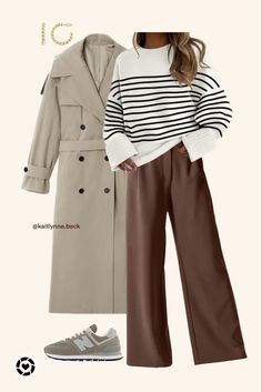 Image of 2023 Fall Outfit Inspiration with a trench coat, white and black stripped sweater, Brown wide leg pants, New Balance Women’s 574 Shoes, and 14K Gold Plated Rope Hoop Earrings Brown Wide Leg Pants Outfit, Brown Trousers Outfit, Brown Pants Outfit, Khakis Outfit, Winter Pants Outfit, Brown Trousers, Wide Leg Trousers Outfit Casual, Trousers Outfit Casual