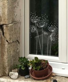 a potted plant sitting in front of a window sill next to a stone wall