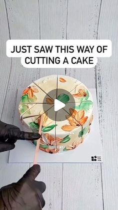 someone is cutting into a cake with a knife and some words above it that read, just saw this way of cutting a cake