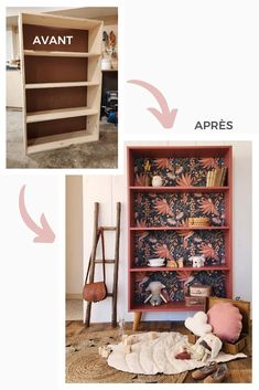 the before and after pictures of an old bookcase