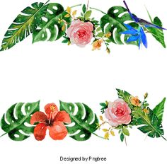 two watercolor flowers and leaves are on the same page, each with different colors