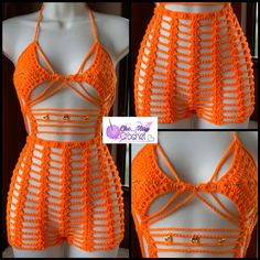 an orange crochet swimsuit is displayed on a mannequin