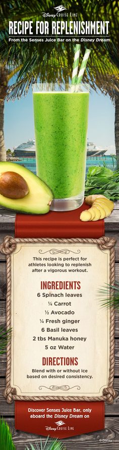 Following a vigorous workout, this nutrient-rich drink is perfect for replenishing. Check out this delicious Disney Cruise Line recipe, inspired by Senses Juice Bar onboard Disney Dream. Disney Resorts, Desserts, Disney, Disney Cruise Line, Smoothie Recipes, Epcot, Vitamix Recipes, Fruit