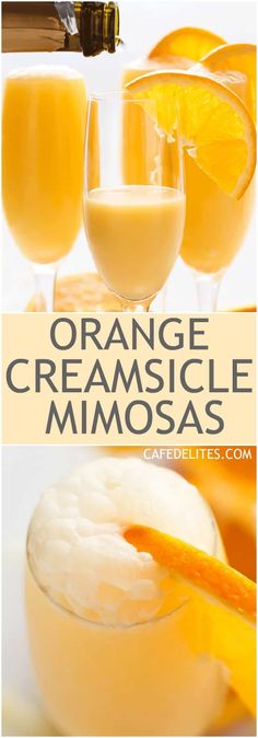 orange creamsice mimosas are served in glasses and garnished with an orange slice